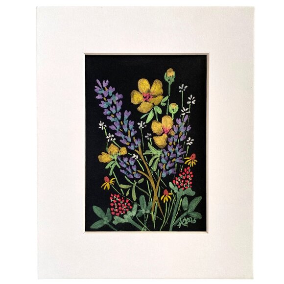 Flower Riot 2 Original Iridescent Watercolor Painting 8x10in Matted Frame Ready - Picture 3 of 6